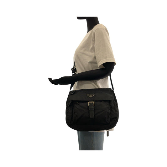 PRADA Shoulder Bag Nylon, Leather Black SilverMetal Shoulder Bag pochette Test Triangle With logo Women Used Authentic