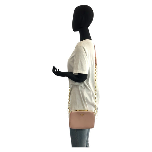 PRADA Shoulder Bag leather Pink Gold Metal Shoulder Bag pochette Safiano Women Used Authentic