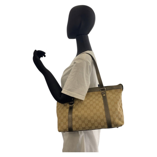 GUCCI Tote Bag 141470 GG canvas, leather Beige Khaki Brown Gold Metal Tote Bag Shoulder Bag Women Used Authentic