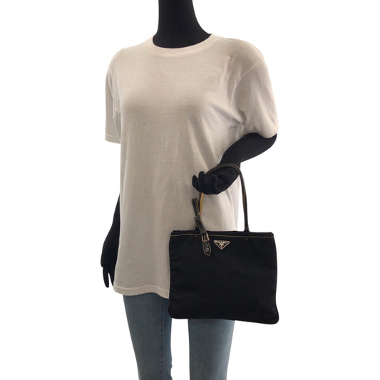 PRADA Tote Bag Nylon Black Yellow SilverMetal Tote Bag handbag Test Triangle With logo Women Used Authentic