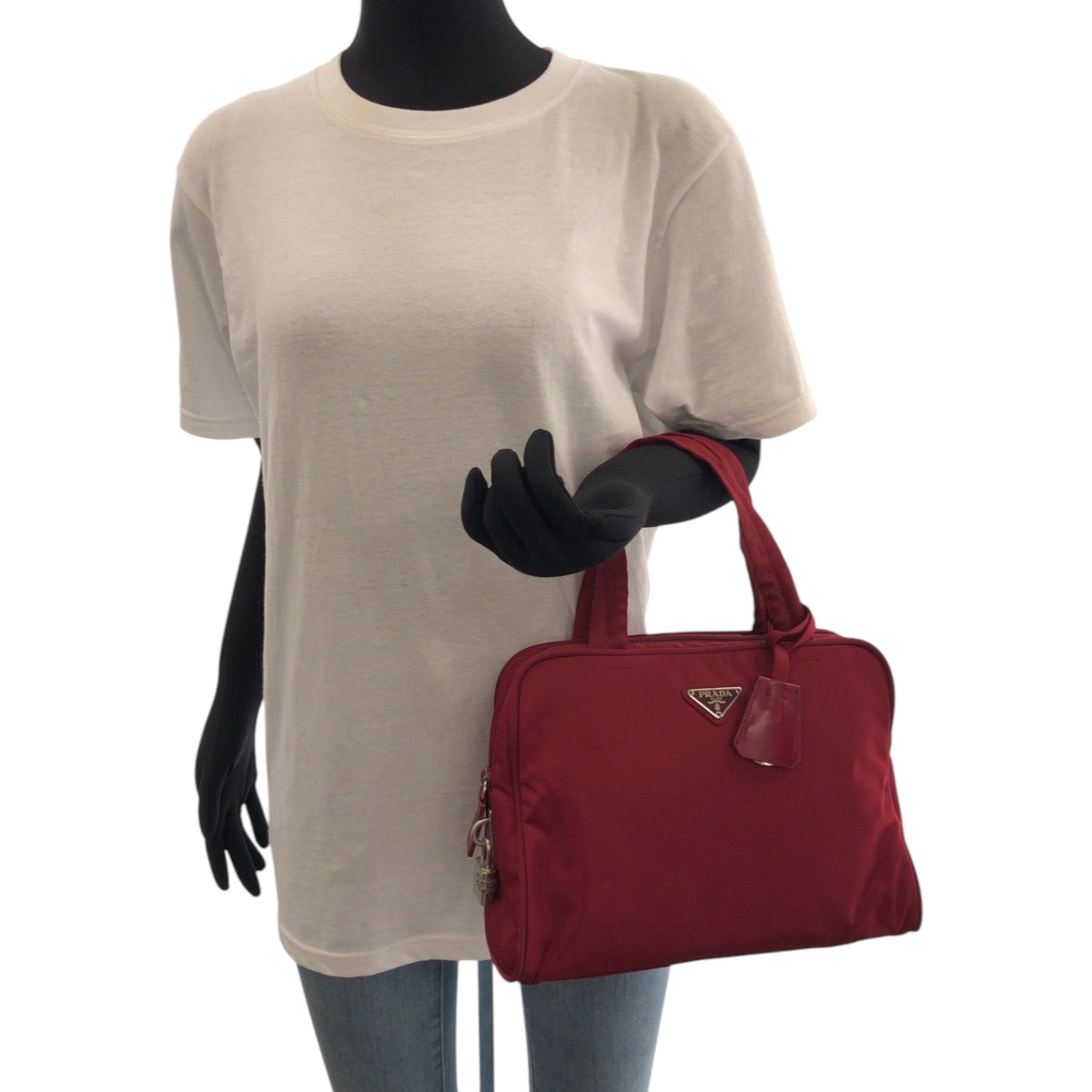 PRADA Tote Bag B8495 Nylon Red Silver Metal Tote Bag handbag Test Triangle With logo Women Used Authentic