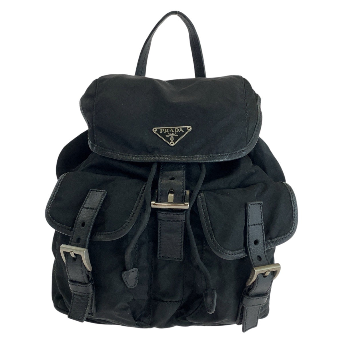 PRADA Backpack Nylon, Leather Black SilverMetal Backpack Backpack Test Triangle With logo Women Used Authentic