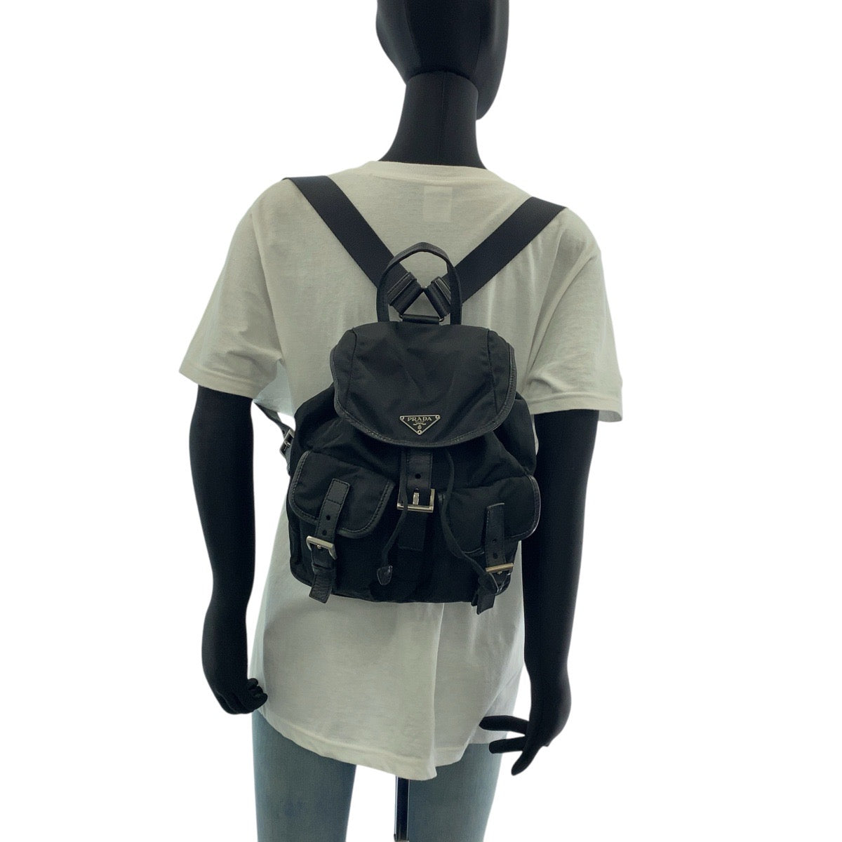 PRADA Backpack Nylon, Leather Black SilverMetal Backpack Backpack Test Triangle With logo Women Used Authentic