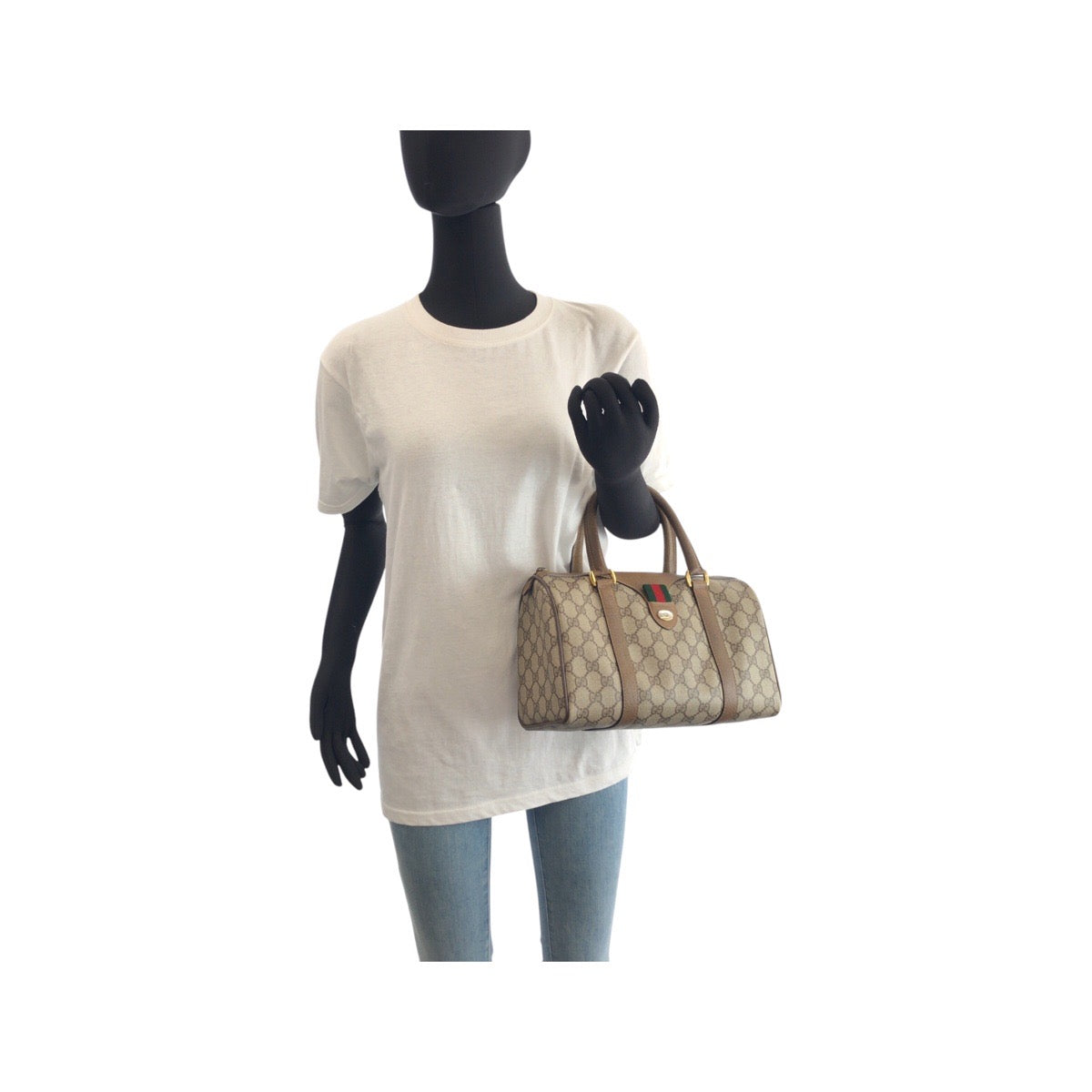 GUCCI Handbag 39.02.006 GG Supreme canvas, leather Beige Brown Gold Metal Handbag Boston Duffel bag Sherry Line Old Gucci Women Used Authentic