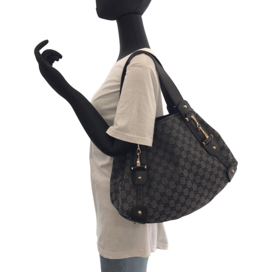 GUCCI Tote Bag 292927 GG canvas Black, Gray, Gold Metal Tote Bag Handbag Shoulder Bag Horsebit Women Used Authentic