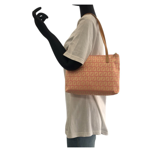 FENDI Tote Bag 2305 8BH021 028 Canvas, Leather Pink Beige Gold Metal Tote Bag Shoulder Bag Zucchino Women Used Authentic