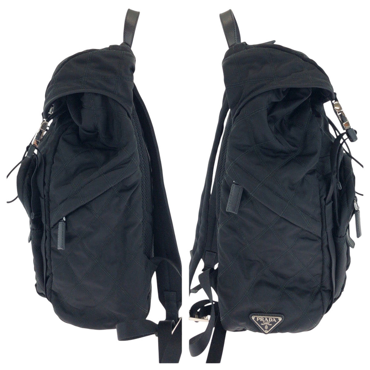 PRADA Backpack 2VZ135 Nylon Black SilverMetal Backpack Backpack Test suit quilting Triangle With logo mens(Unisex) Used Authentic