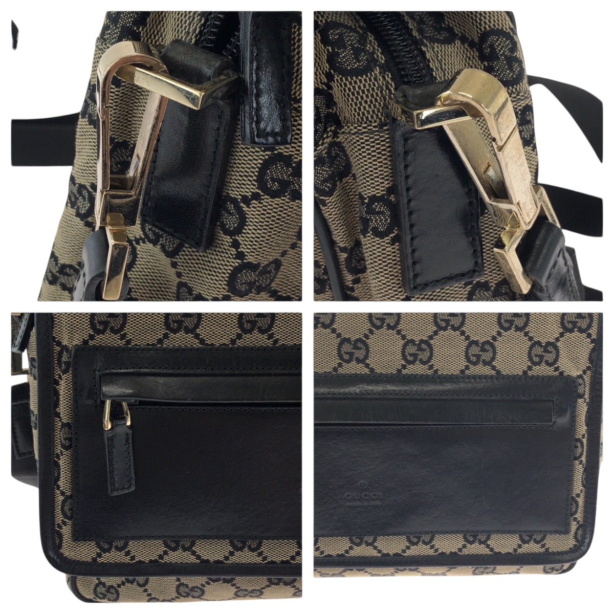 GUCCI Shoulder Bag 019 0375 GG canvas Beige Black Gold Metal Shoulder Bag Messenger bag Women Used Authentic