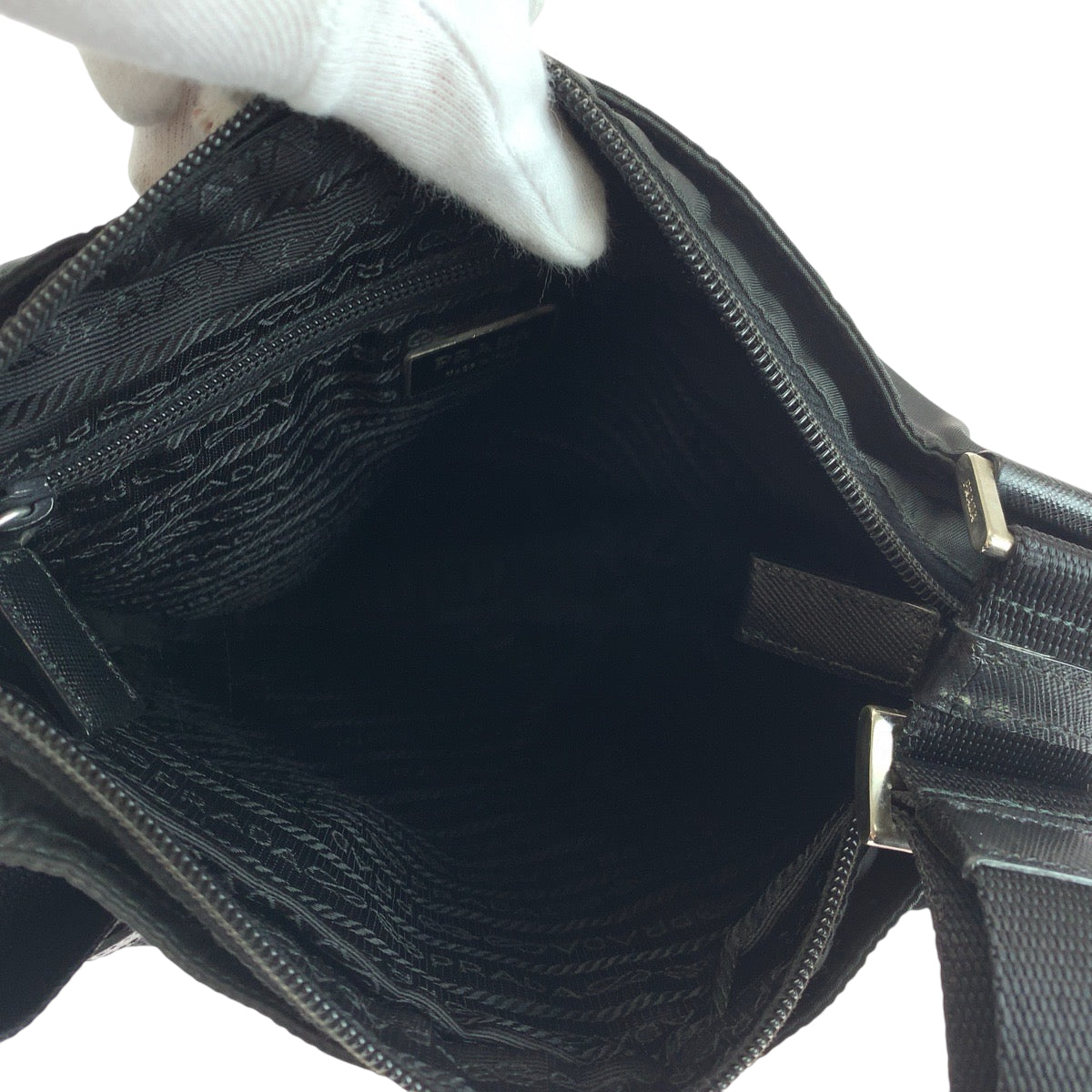 PRADA Shoulder Bag Nylon Black SilverMetal Shoulder Bag pochette Test Triangle With logo Women Used Authentic