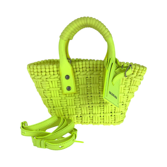 BALENCIAGA Shoulder Bag 678028 fabric Neon Yellow SilverMetal Shoulder Bag Tote Bag Handbag 2way Bistro XXS Basket bag Women Used Authentic