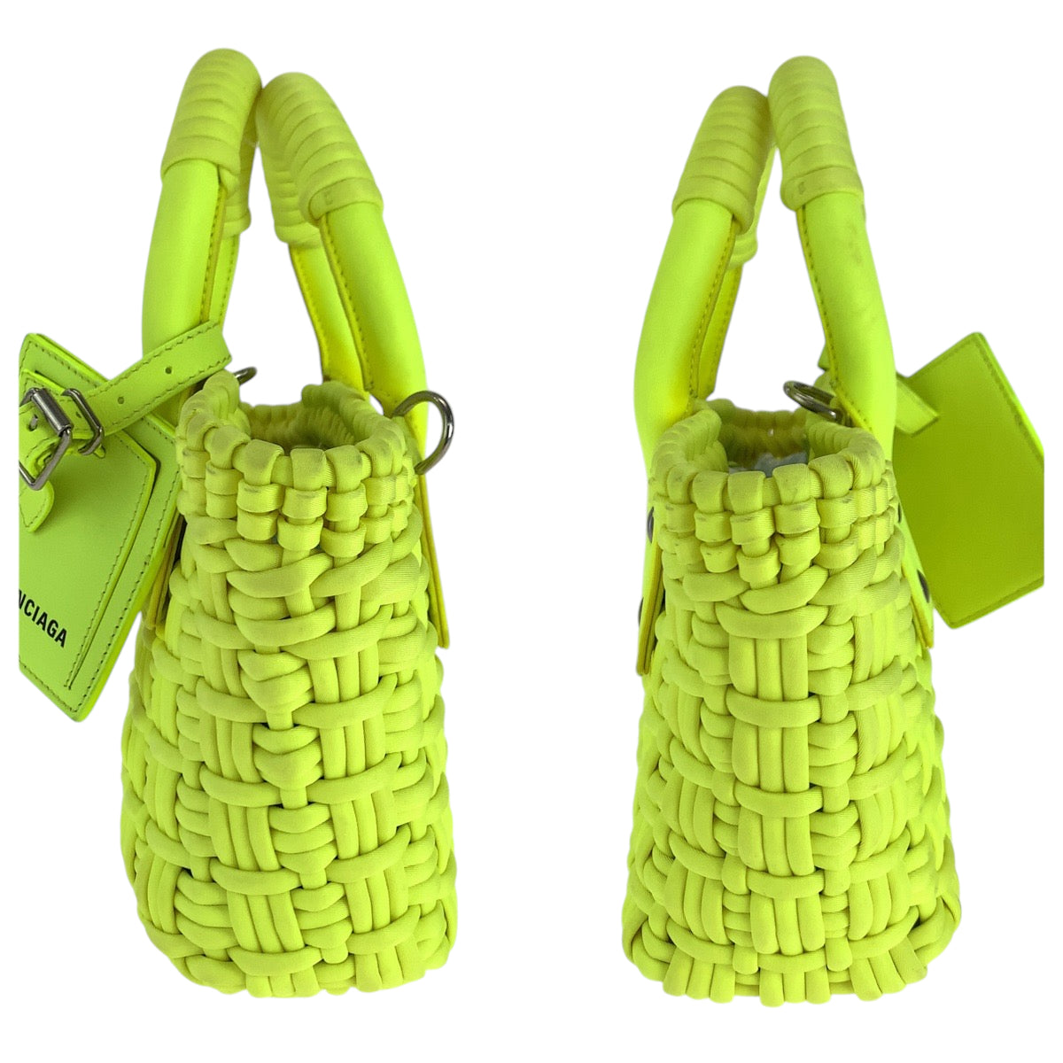 BALENCIAGA Shoulder Bag 678028 fabric Neon Yellow SilverMetal Shoulder Bag Tote Bag Handbag 2way Bistro XXS Basket bag Women Used Authentic