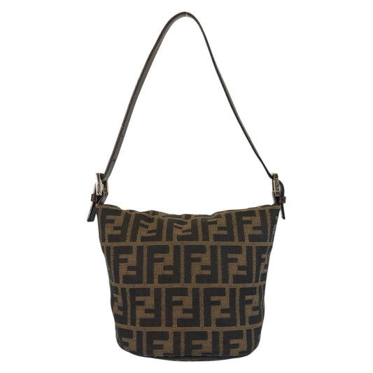 FENDI Shoulder Bag Canvas, Leather Brown Silver Metal Zucca Mamma Bucket Women Used Authentic