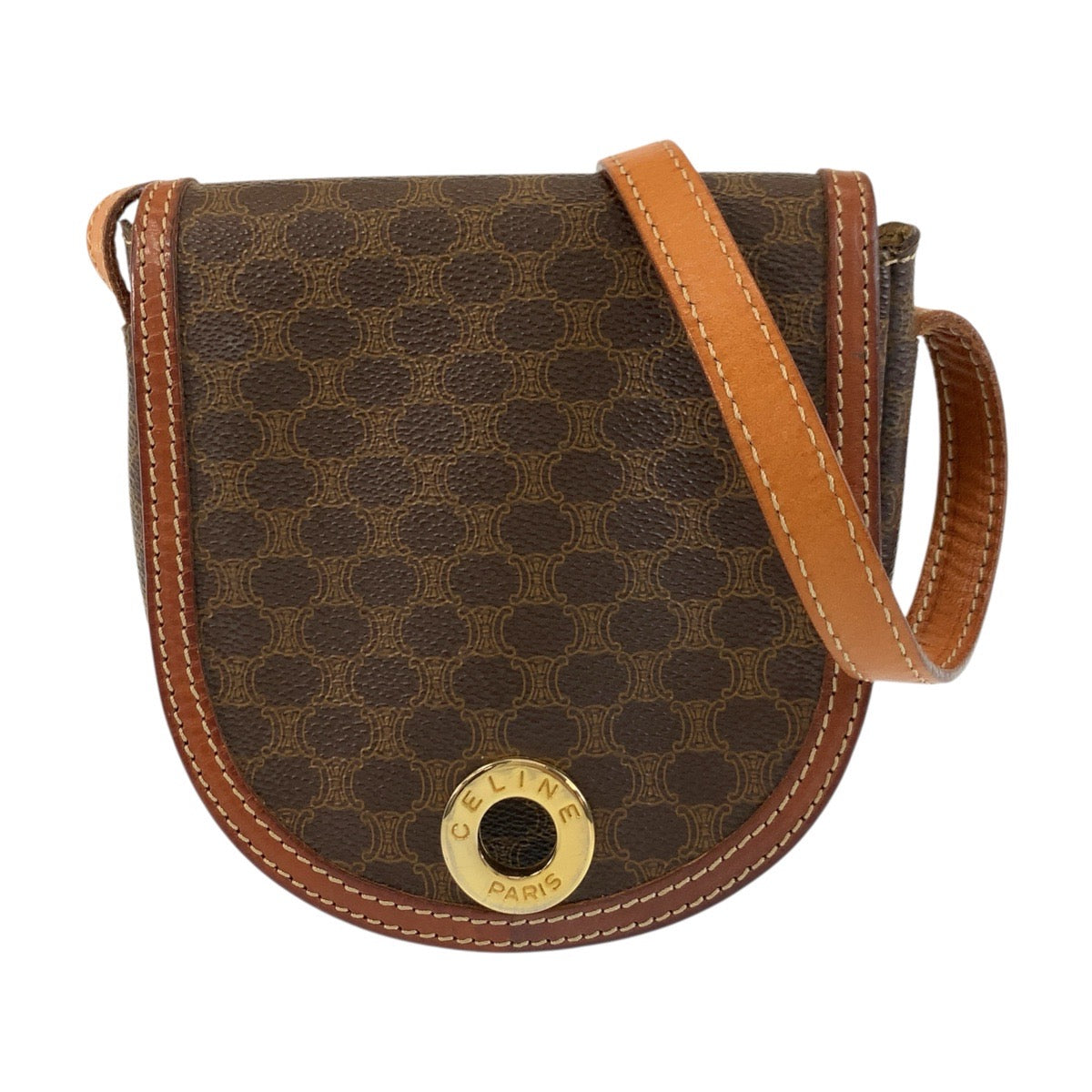 CELINE Shoulder Bag M09 PVC, Leather Brown Gold Metal Shoulder Bag pochette Macadam Circle Logo Women Used Authentic