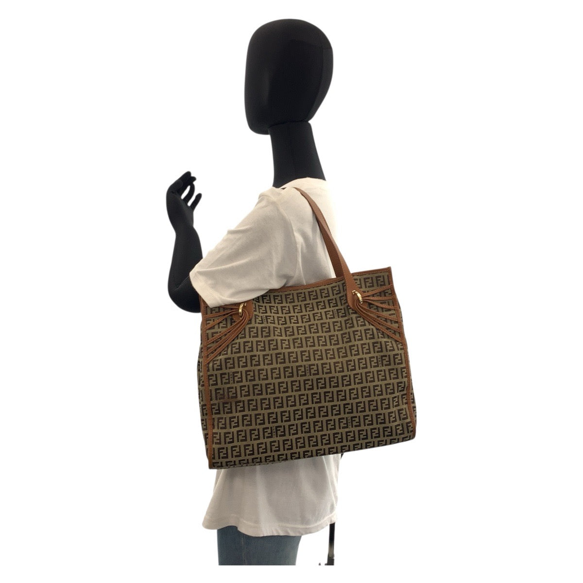 FENDI Tote Bag 8BH153 Canvas, Leather Brown Gold Metal Tote Bag Shoulder Bag Zucchino Women Used Authentic