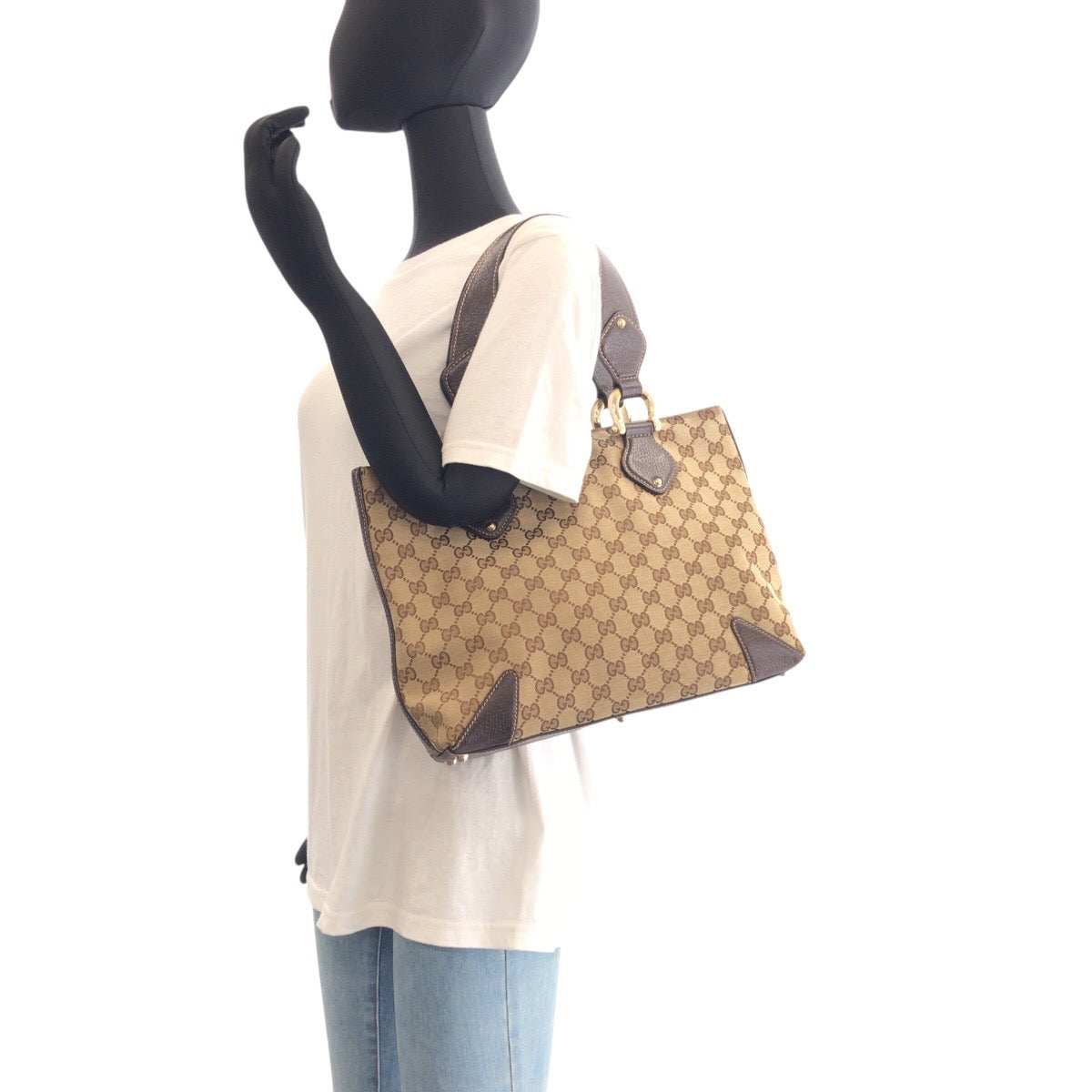 GUCCI Tote Bag 153024 GG canvas, leather Beige Brown Gold Metal Tote Bag Shoulder Bag Women Used Authentic