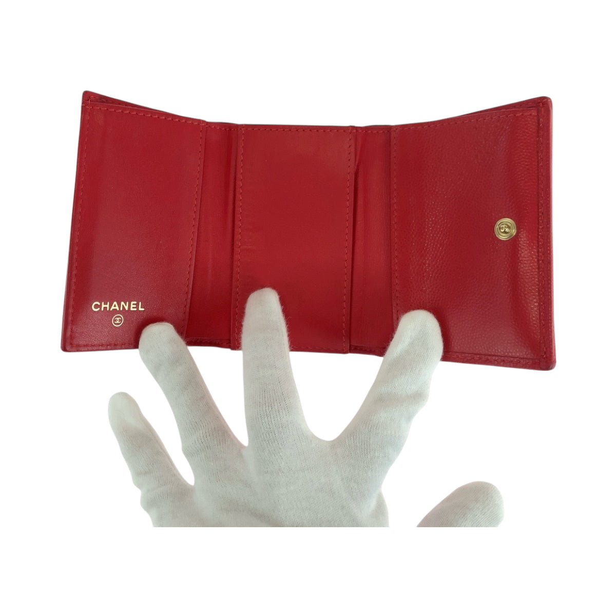 CHANEL Tri-fold wallet Caviar skin Red Gold Metal Folding wallet Compact wallet Matelasse small flap COCO Mark Women Used Authentic