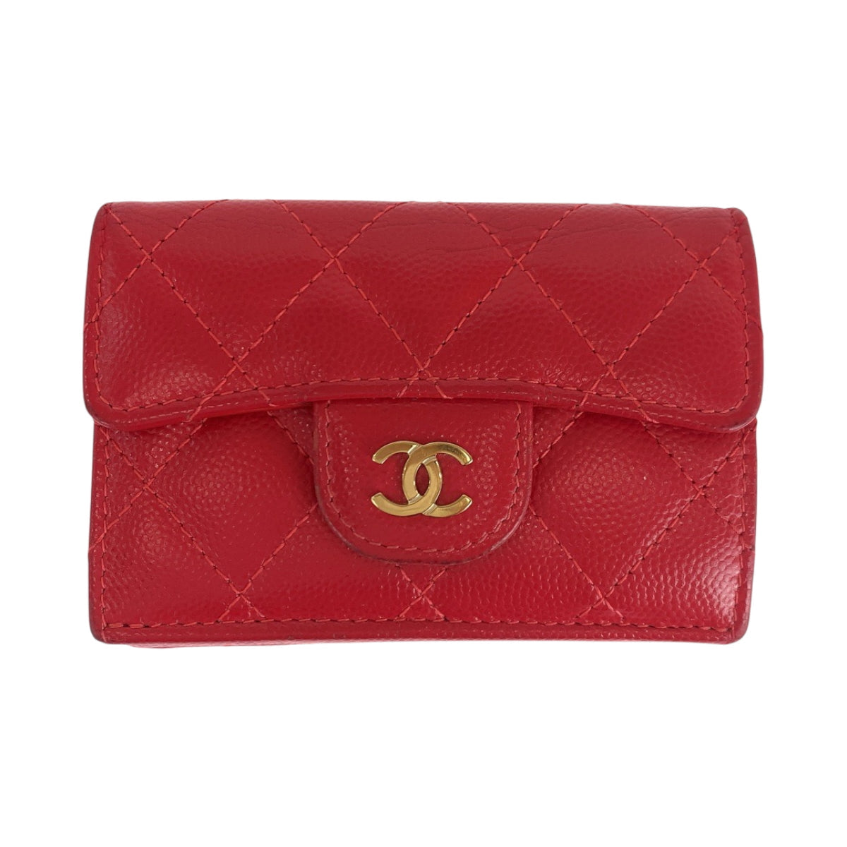 CHANEL Tri-fold wallet Caviar skin Red Gold Metal Folding wallet Compact wallet Matelasse small flap COCO Mark Women Used Authentic