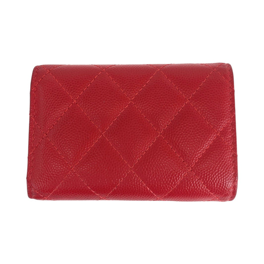 CHANEL Tri-fold wallet Caviar skin Red Gold Metal Folding wallet Compact wallet Matelasse small flap COCO Mark Women Used Authentic