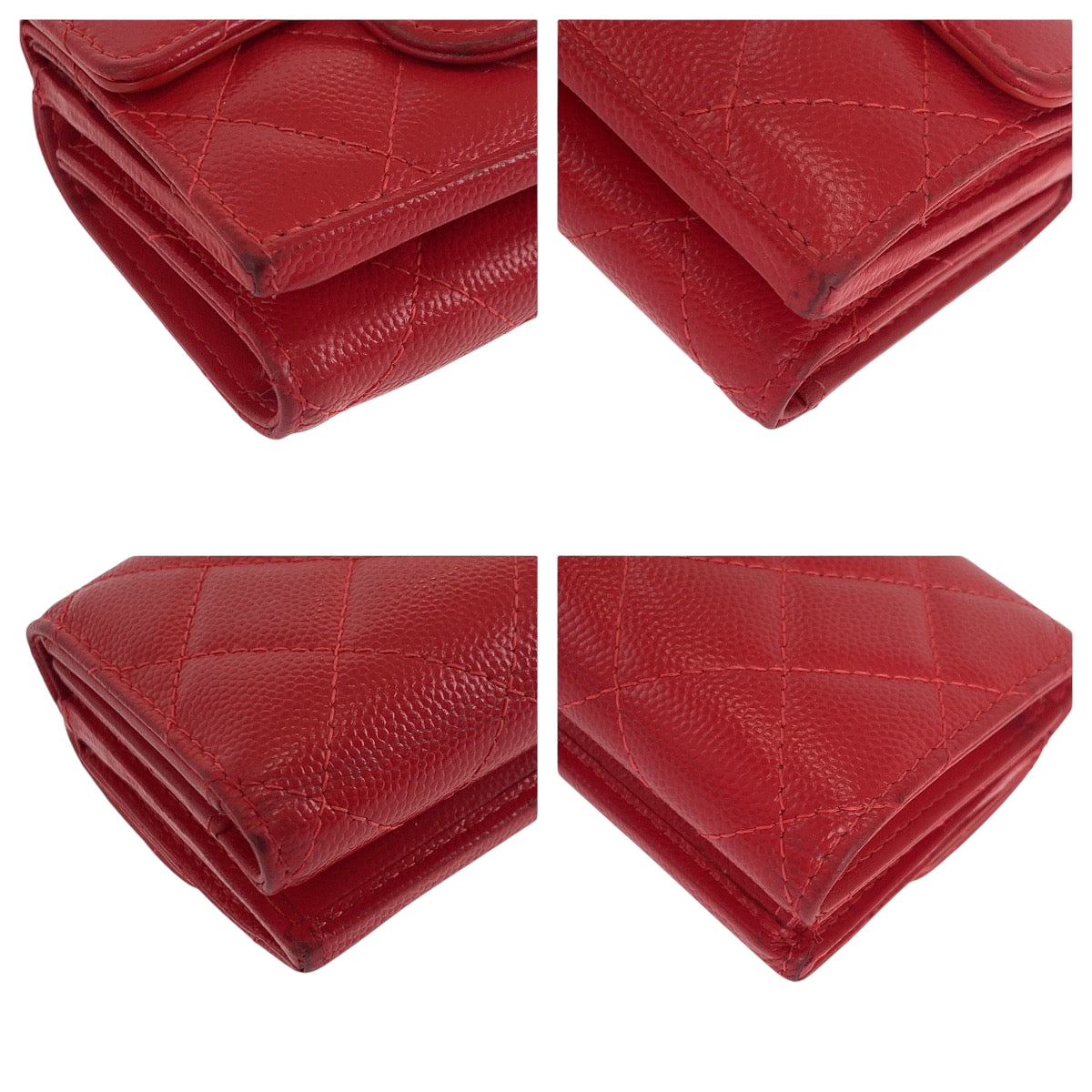 CHANEL Tri-fold wallet Caviar skin Red Gold Metal Folding wallet Compact wallet Matelasse small flap COCO Mark Women Used Authentic