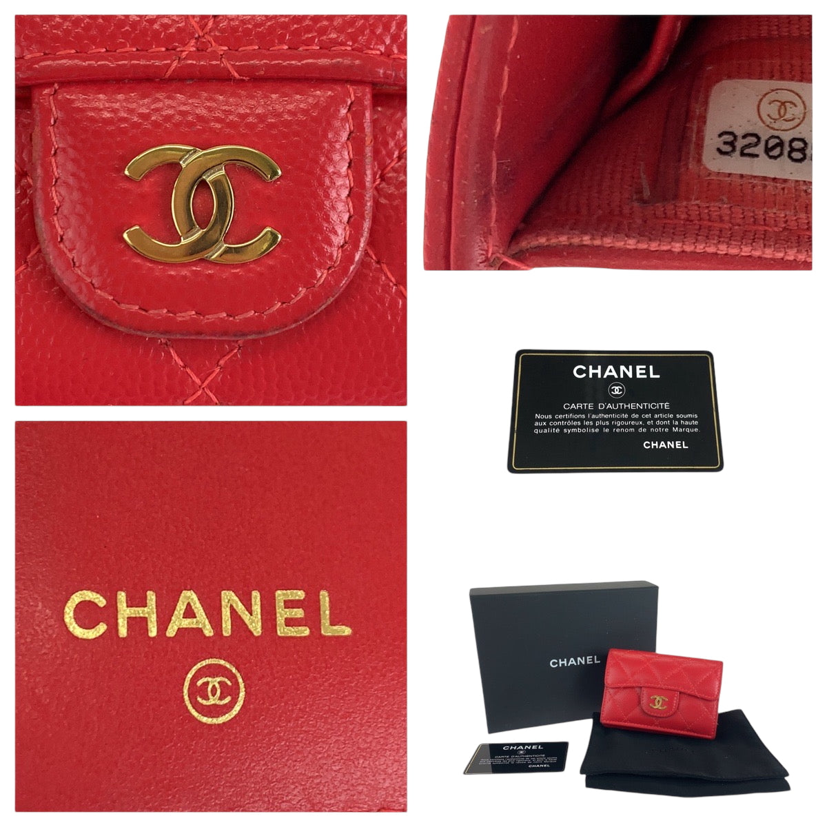 CHANEL Tri-fold wallet Caviar skin Red Gold Metal Folding wallet Compact wallet Matelasse small flap COCO Mark Women Used Authentic