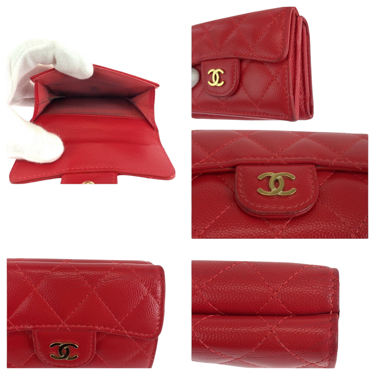 CHANEL Tri-fold wallet Caviar skin Red Gold Metal Folding wallet Compact wallet Matelasse small flap COCO Mark Women Used Authentic
