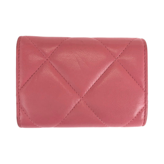 CHANEL Tri-fold wallet lambskin Pink Gold Metal Folding wallet Compact wallet 19 year old Matelasse Small Flap COCO Mark Women Used Authentic