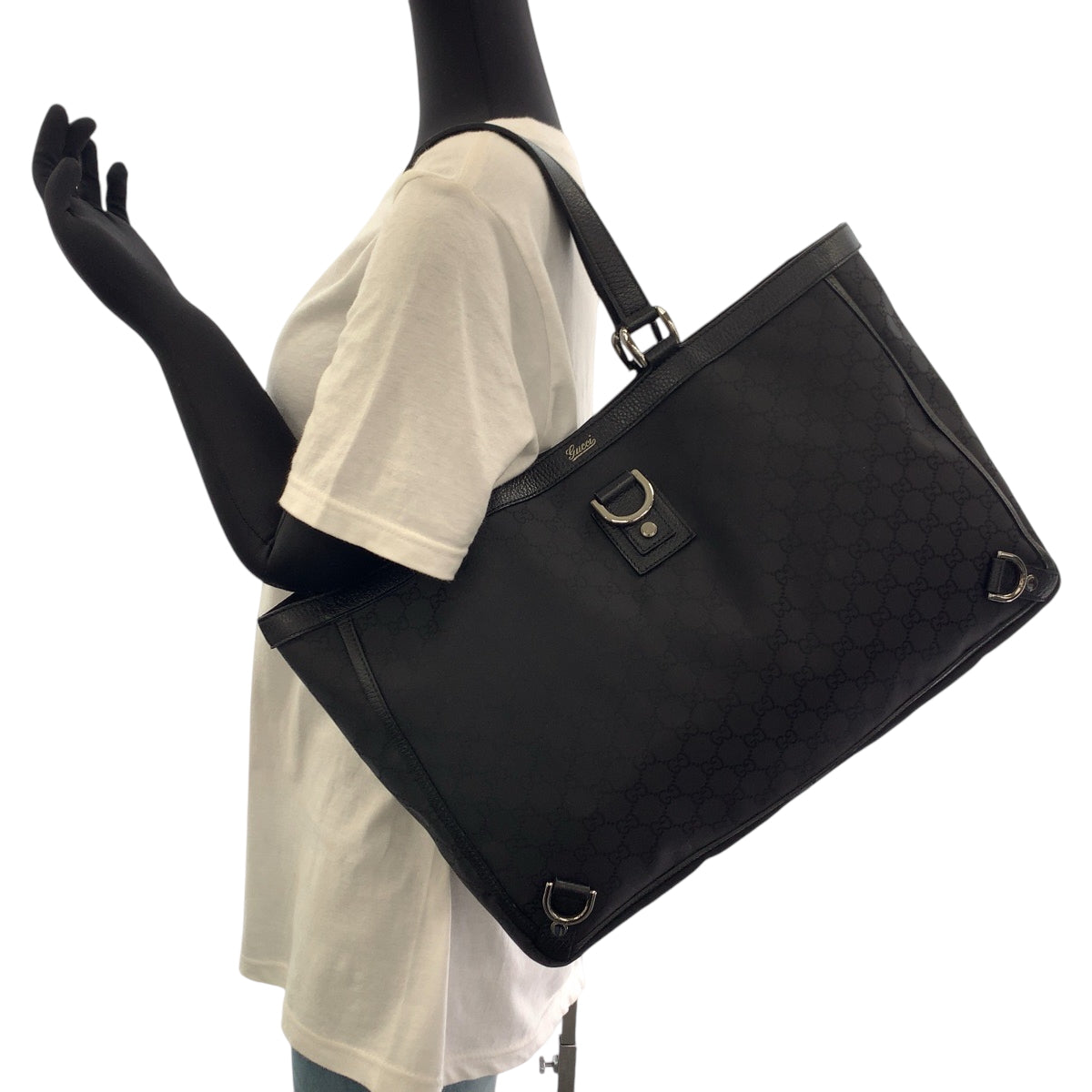 GUCCI Tote Bag 293580 Nylon Black SilverMetal Tote Bag Shoulder Bag Abbey Women Used Authentic