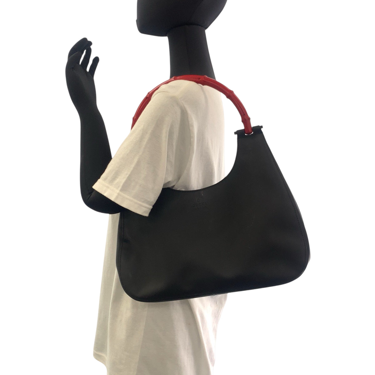 GUCCI Shoulder Bag 001 3739 leather Black Red SilverMetal One Shoulder Bag Handbag Bamboo Women Used Authentic