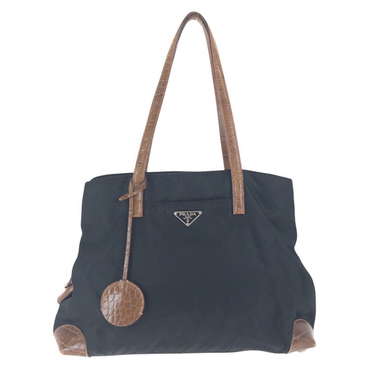 PRADA Shoulder Bag Nylon, Leather Black Brown SilverMetal Shoulder Bag Tote Bag Test Triangle With logo Women Used Authentic