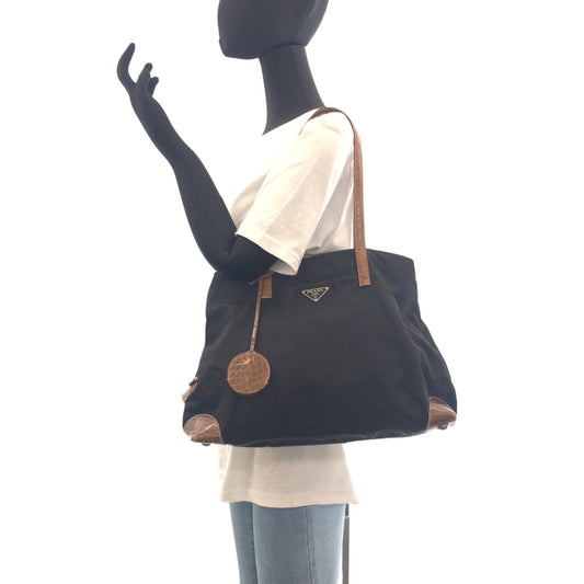 PRADA Shoulder Bag Nylon, Leather Black Brown SilverMetal Shoulder Bag Tote Bag Test Triangle With logo Women Used Authentic