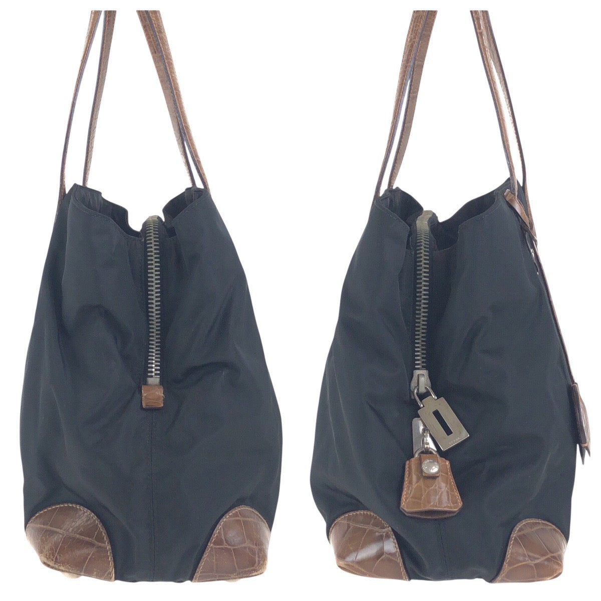 PRADA Shoulder Bag Nylon, Leather Black Brown SilverMetal Shoulder Bag Tote Bag Test Triangle With logo Women Used Authentic