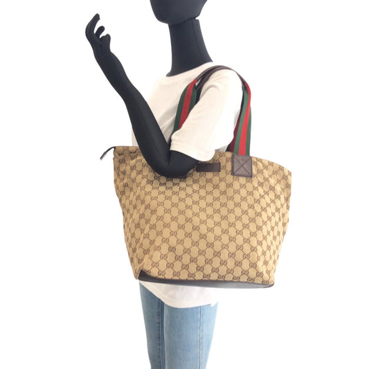 GUCCI Tote Bag 131231 GG canvas, leather Brown Silver Metal Tote Bag Shoulder Bag Sherry line Women Used Authentic
