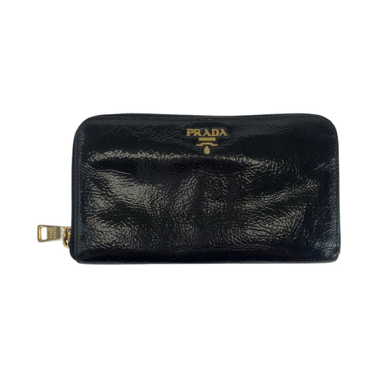 PRADA Long Wallet Purse Patent leather Black GoldMetal Long wallet Zip Around logo mens Used Authentic