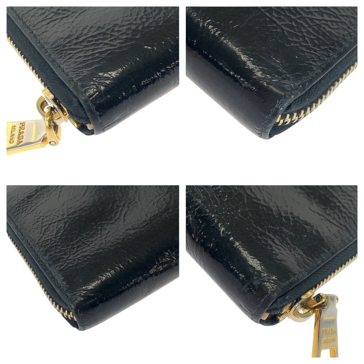 PRADA Long Wallet Purse Patent leather Black GoldMetal Long wallet Zip Around logo mens Used Authentic