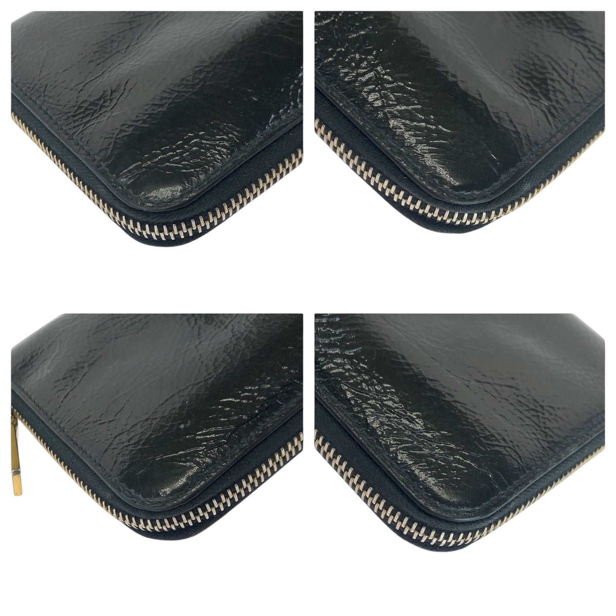 PRADA Long Wallet Purse Patent leather Black GoldMetal Long wallet Zip Around logo mens Used Authentic