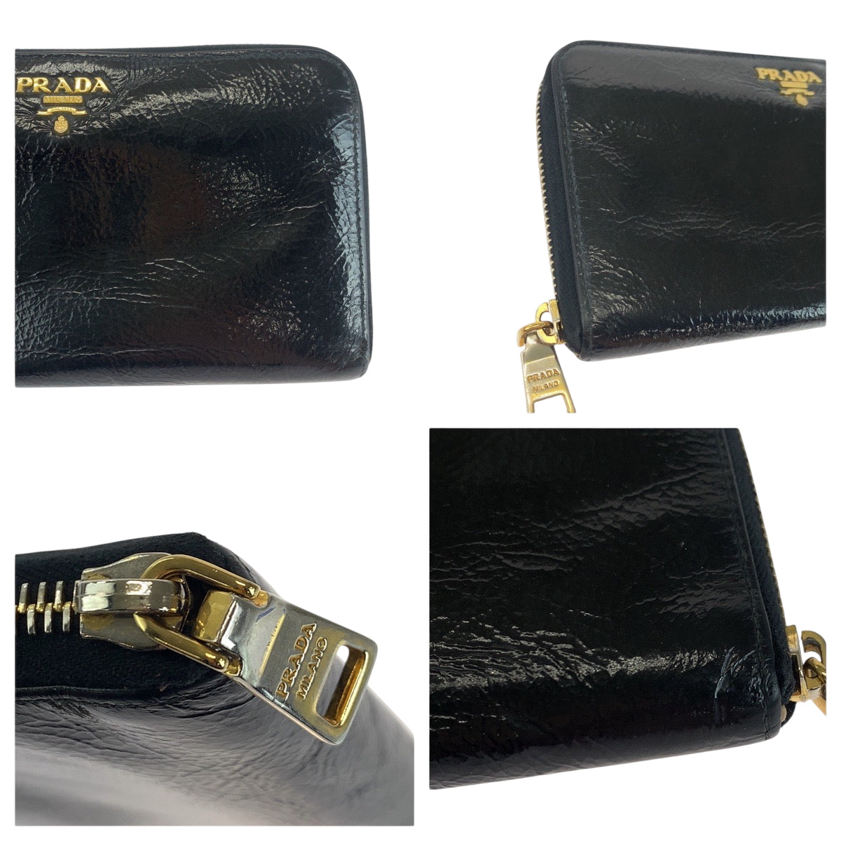 PRADA Long Wallet Purse Patent leather Black GoldMetal Long wallet Zip Around logo mens Used Authentic
