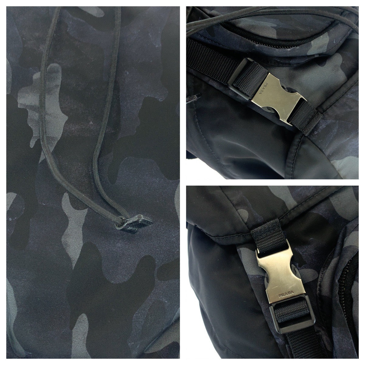 PRADA Backpack 2VZ135 Nylon Black Blue Gray SilverMetal Backpack Backpack Camouflage Pattern Triangle With logo mens Used Authentic