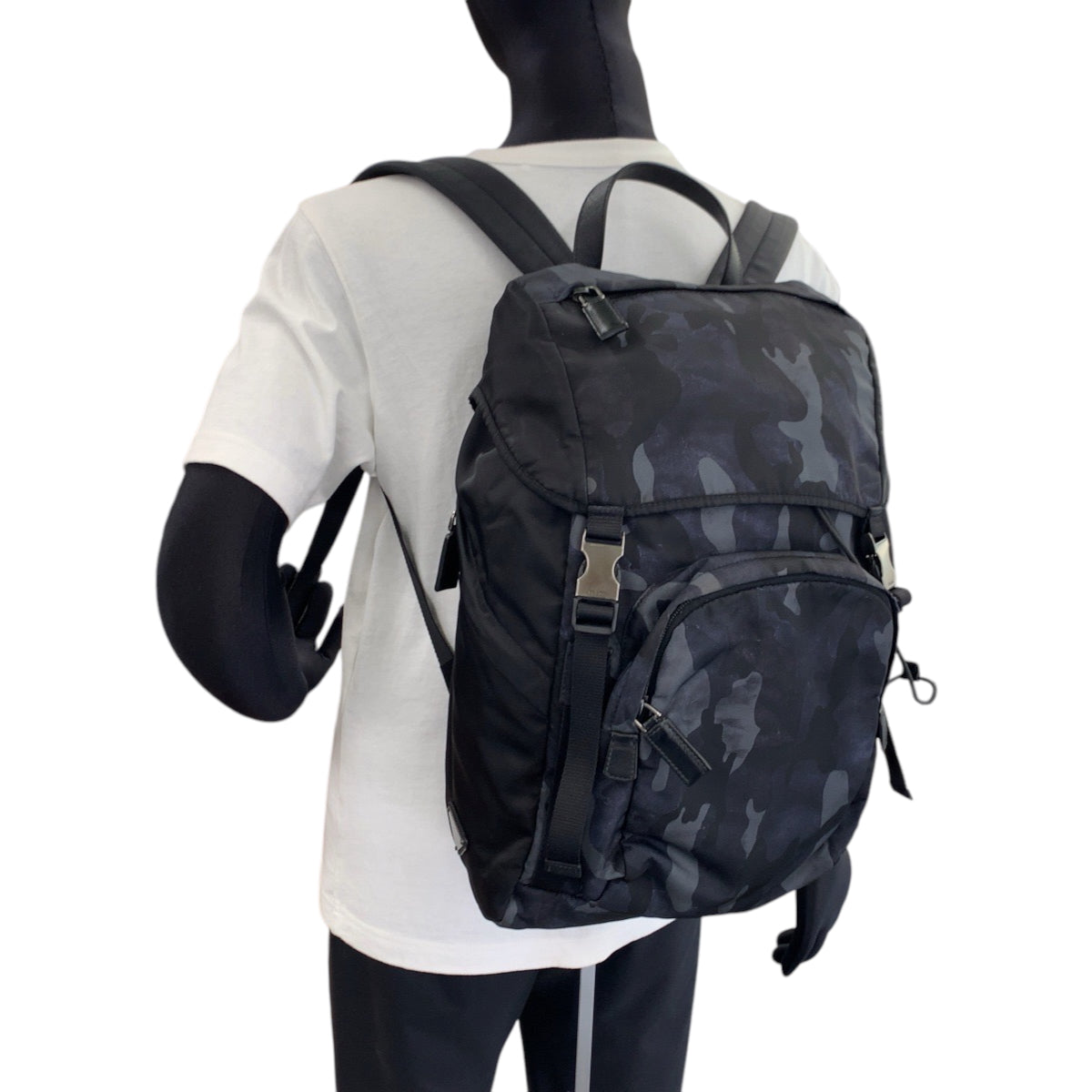 PRADA Backpack 2VZ135 Nylon Black Blue Gray SilverMetal Backpack Backpack Camouflage Pattern Triangle With logo mens Used Authentic