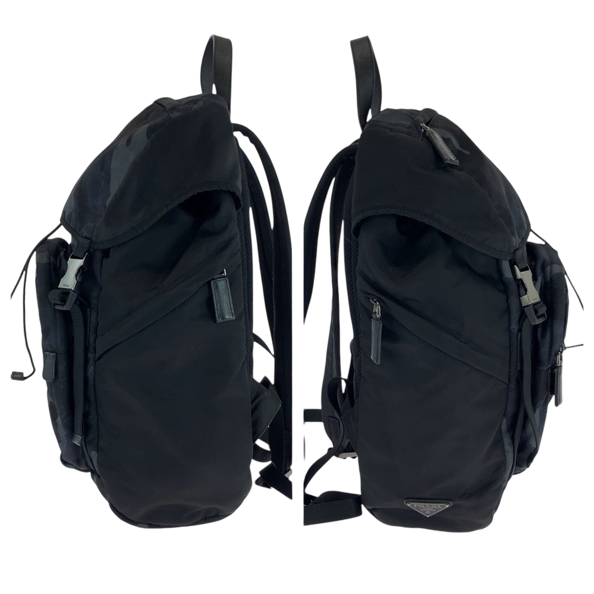 PRADA Backpack 2VZ135 Nylon Black Blue Gray SilverMetal Backpack Backpack Camouflage Pattern Triangle With logo mens Used Authentic