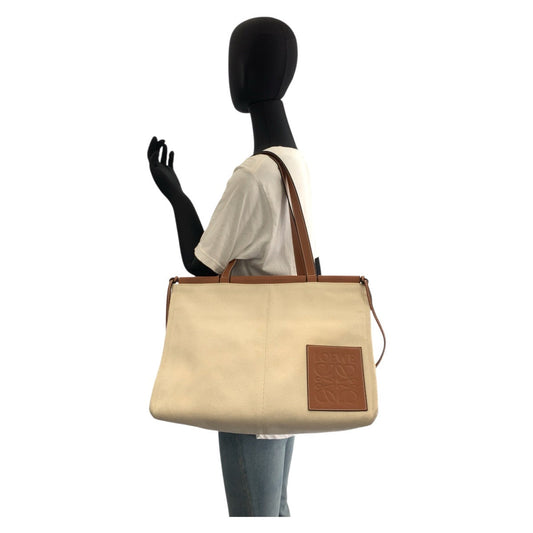 LOEWE Tote Bag Canvas, Leather Beige brown Tote Bag Shoulder Bag anagram Cushion tote Women Used Authentic