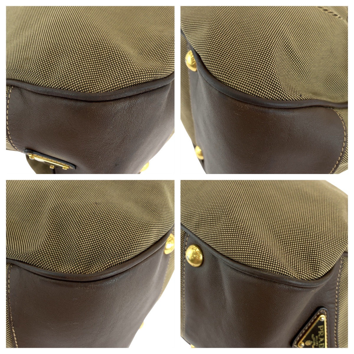 PRADA Shoulder Bag Canvas, Leather Brown Gold Metal Hobo Shoulder Bag Logo jacquard Women Used Authentic