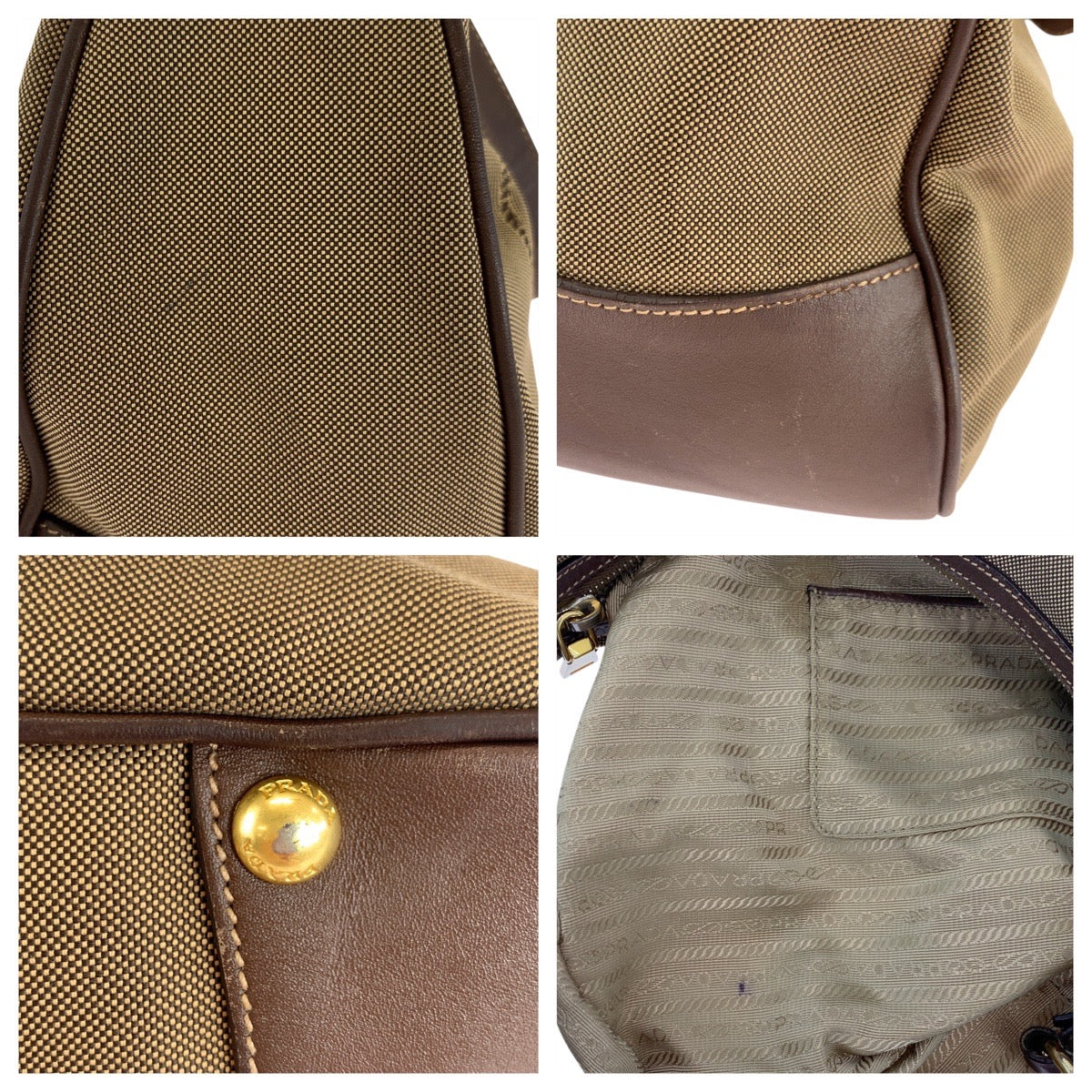 PRADA Shoulder Bag Canvas, Leather Brown Gold Metal Hobo Shoulder Bag Logo jacquard Women Used Authentic