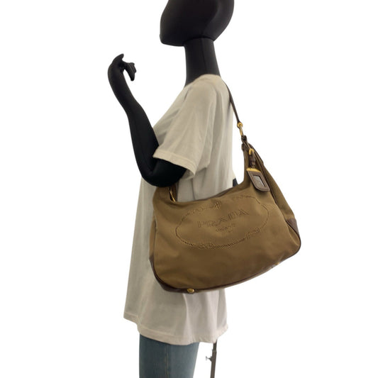PRADA Shoulder Bag Canvas, Leather Brown Gold Metal Hobo Shoulder Bag Logo jacquard Women Used Authentic