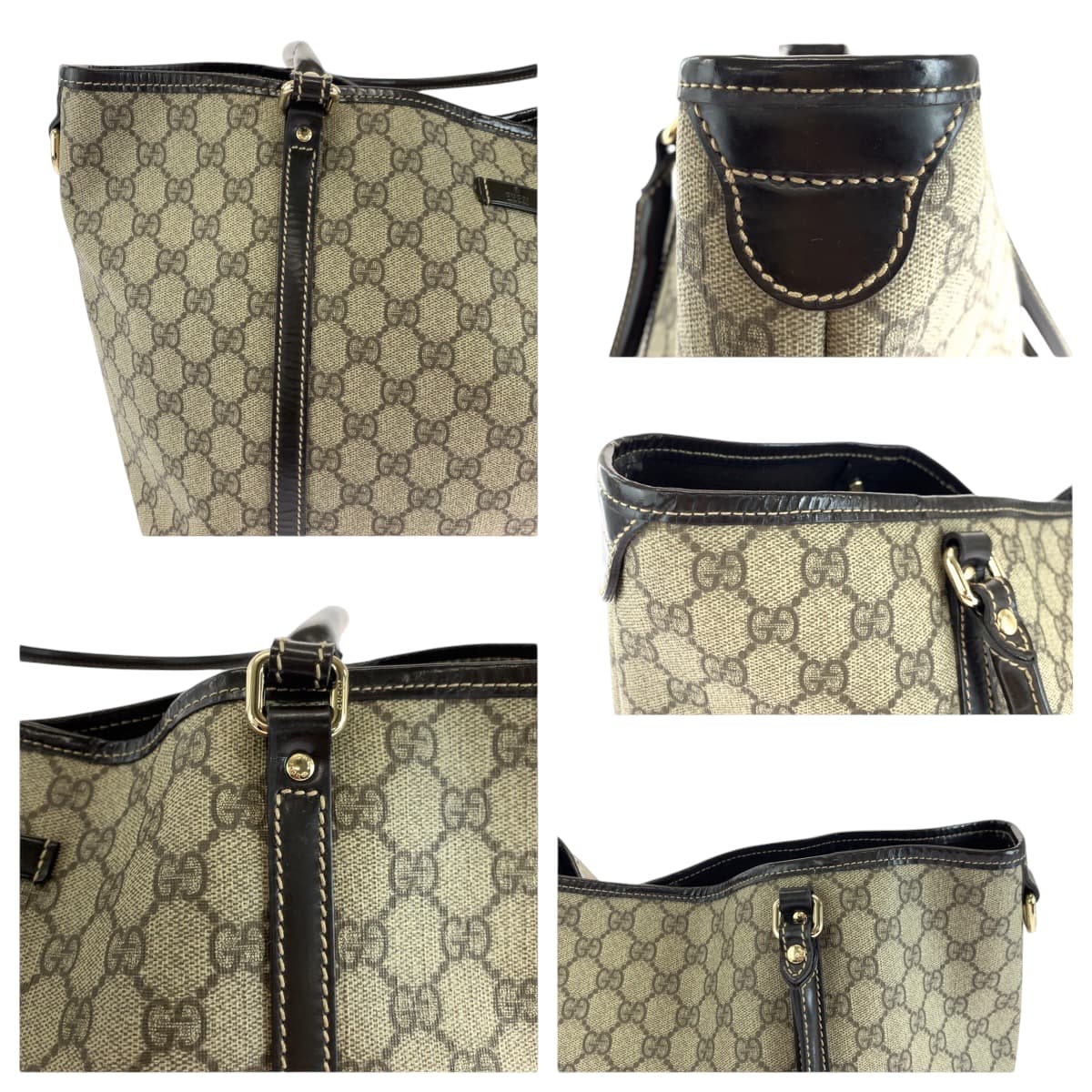GUCCI Tote Bag 197953 GG Supreme Canvas Beige Brown Gold Metal Tote Bag Shoulder Bag Women Used Authentic