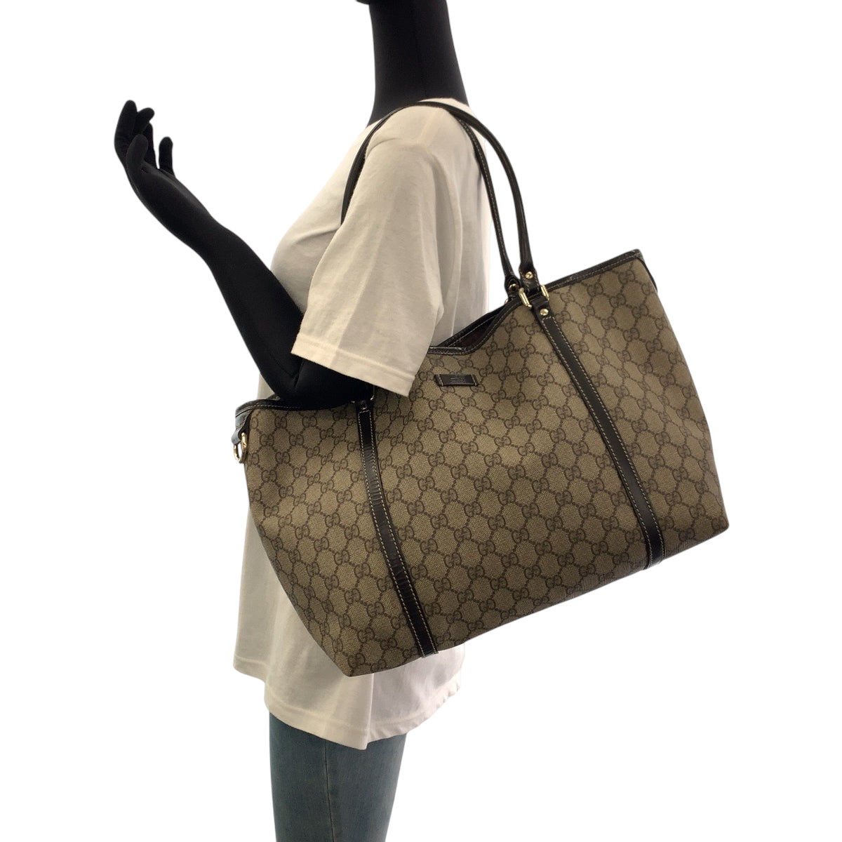 GUCCI Tote Bag 197953 GG Supreme Canvas Beige Brown Gold Metal Tote Bag Shoulder Bag Women Used Authentic
