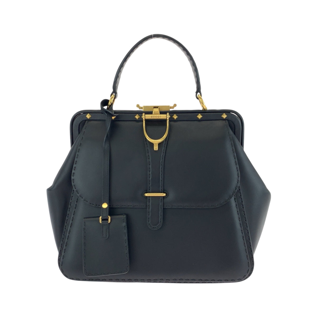 GUCCI Handbag 303888 leather Black GoldMetal Handbag with mirror Limited edition Stirrup Women Used Authentic