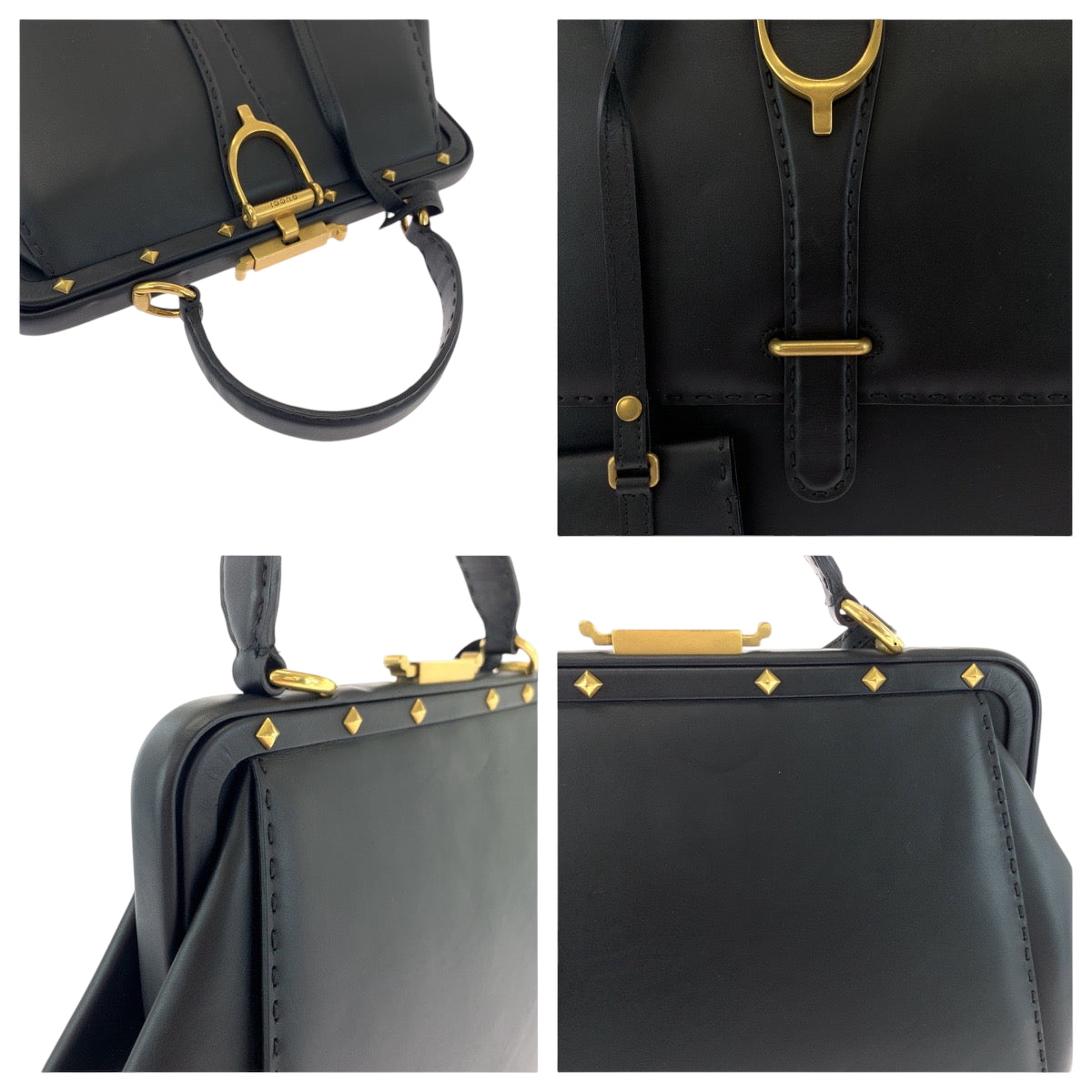 GUCCI Handbag 303888 leather Black GoldMetal Handbag with mirror Limited edition Stirrup Women Used Authentic