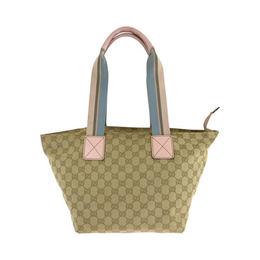 GUCCI Tote Bag 131230 GG canvas Beige Pink Blue Gold Metal Tote Bag Shoulder Bag Women Used Authentic