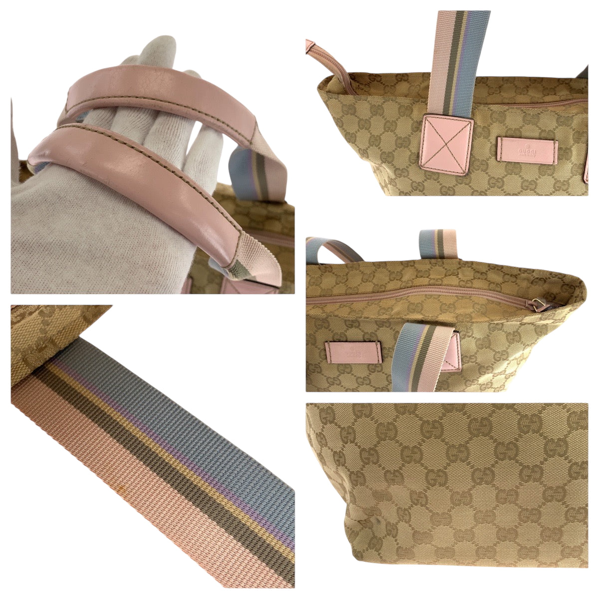 GUCCI Tote Bag 131230 GG canvas Beige Pink Blue Gold Metal Tote Bag Shoulder Bag Women Used Authentic