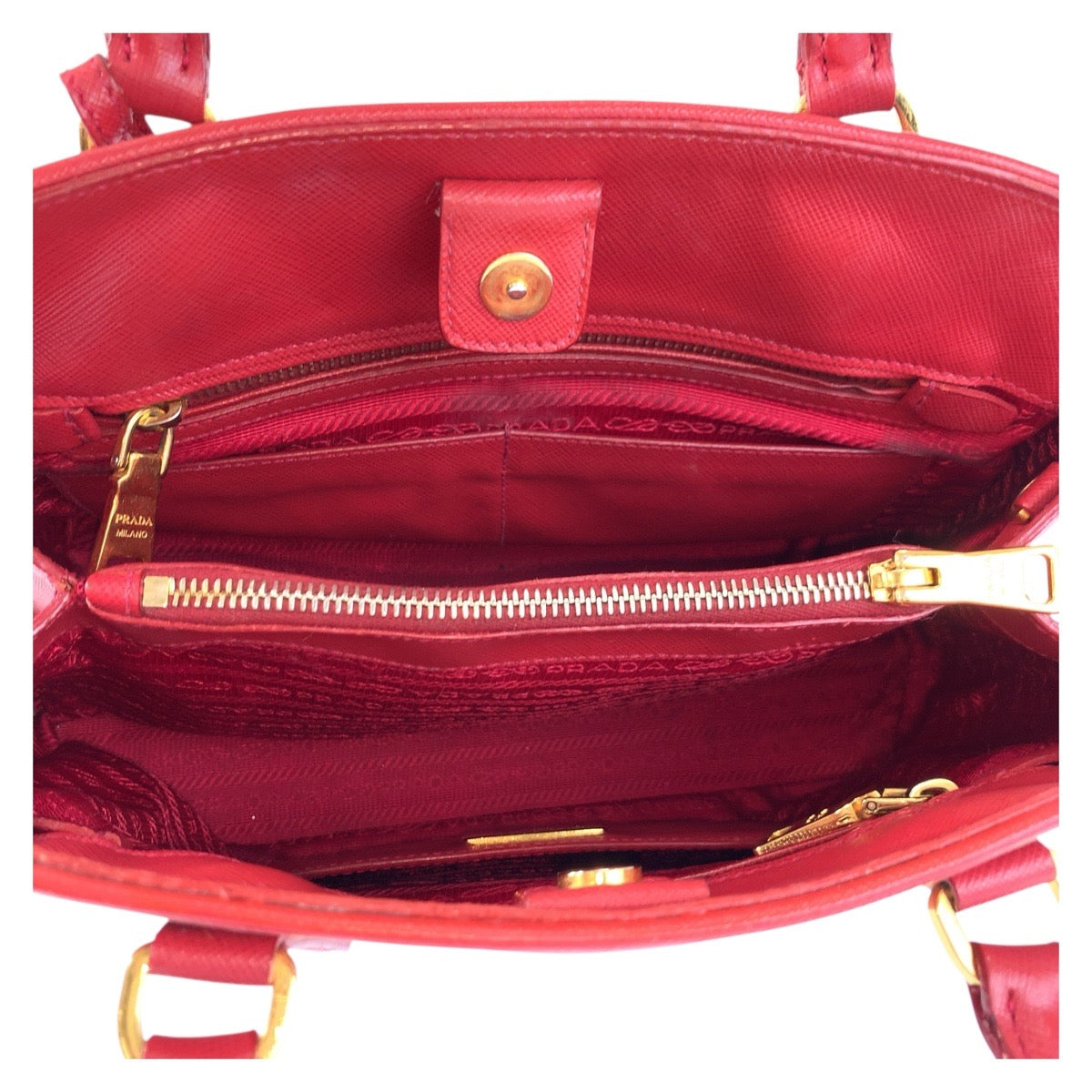 PRADA Handbag leather Red Gold Metal Safiano Promenade Women Used Authentic